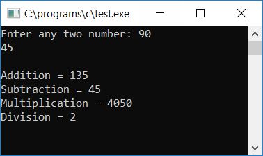 c program addition subtraction multiplication division