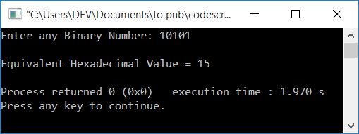 c binary to hexadecimal using function