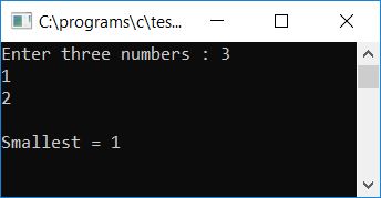 c find smallest of three using function