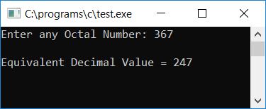 c octal to decimal using function