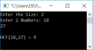 c program hcf of n numbers