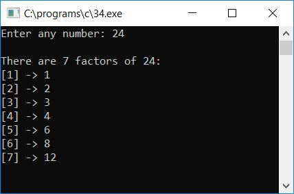 c program print number wise factors