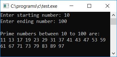 c program print prime numbers