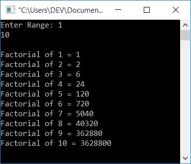 find factorial of all number in range c