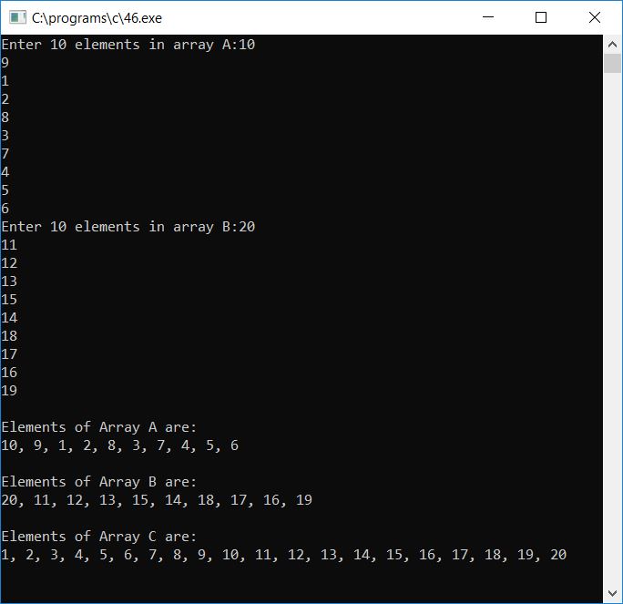 merge arrays in ascending order c