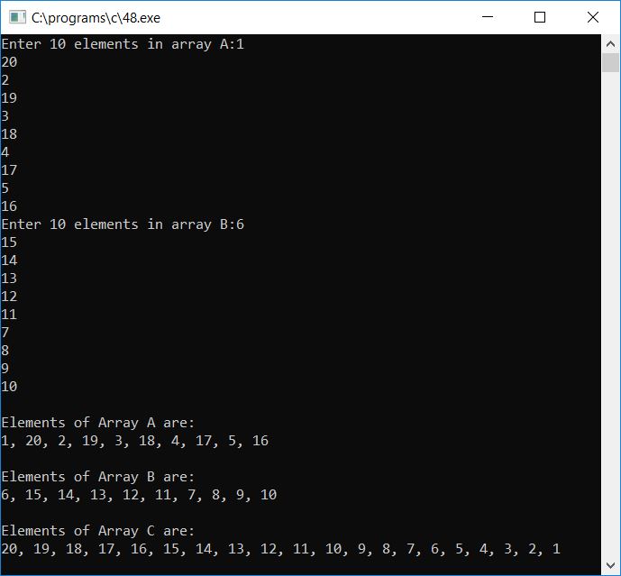 merge two arrays in descending order c