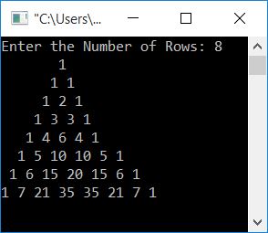 pascal triangle upto n rows c