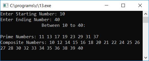 print all prime composite numbers c program