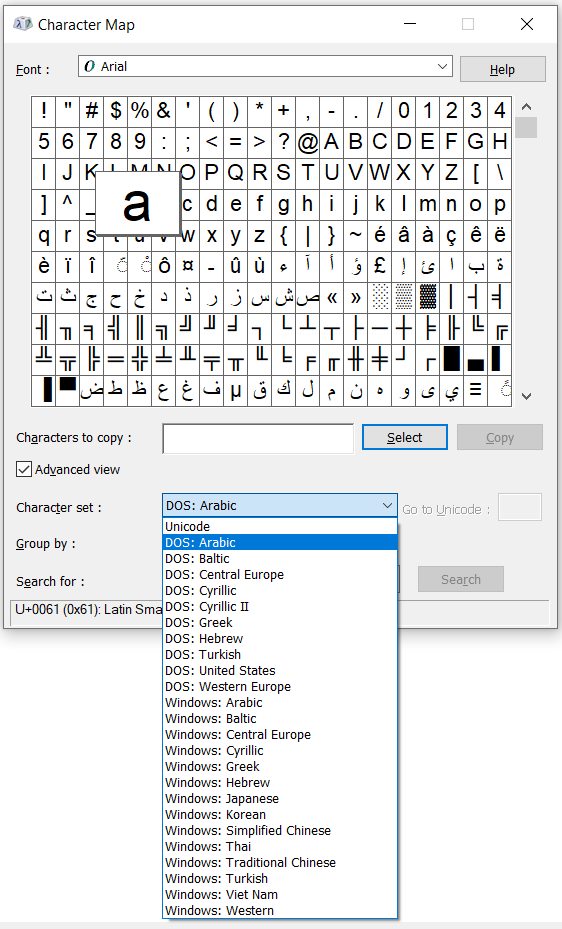 character map change character set