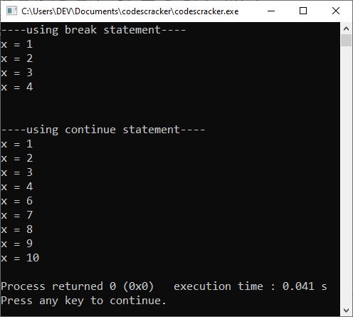 c++ break vs. continue example