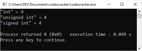 c++ data type sizeof int example