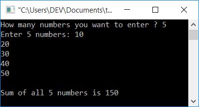 add n numbers using for loop cpp