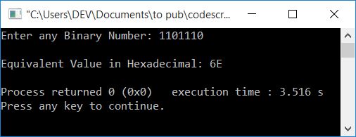 binary to hexadecimal c++