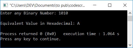 binary to hexadecimal in c++