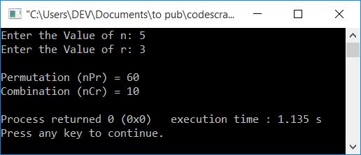 C++ program find ncr npr