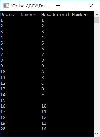 decimal to hexaDecimal 1 to 20 c++