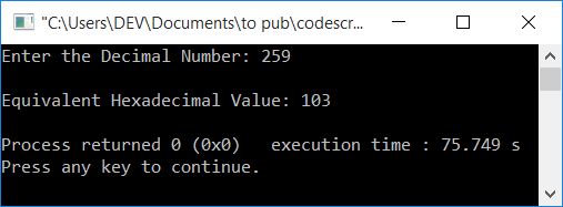 decimal to hexadecimal c++