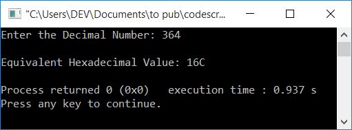 decimal to hexadecimal using function c++