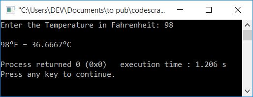 fahrenheit to celsius using function c++