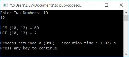 find lcm hcf using for loop c++