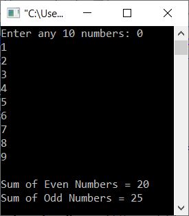 find sum of even odd numbers in array c++