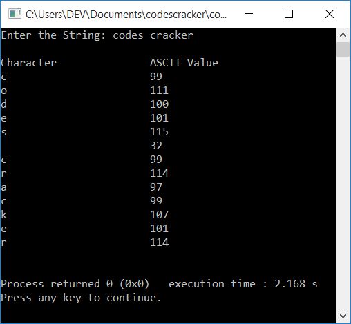 print ascii value of characters c++