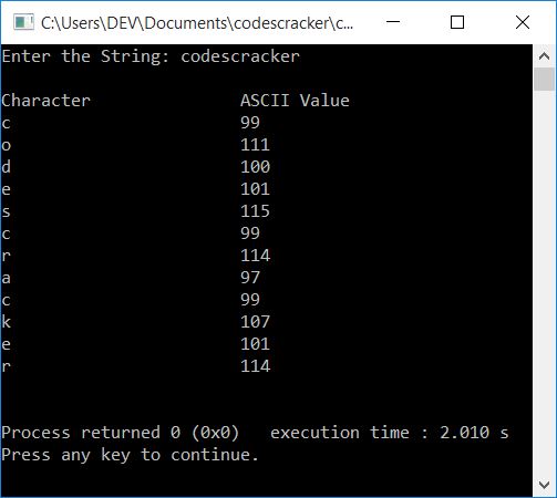 print ascii value of characters in string