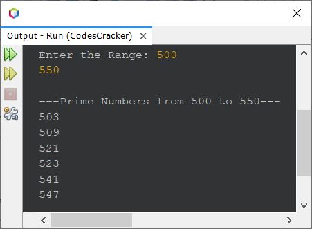 java print prime numbers in given range