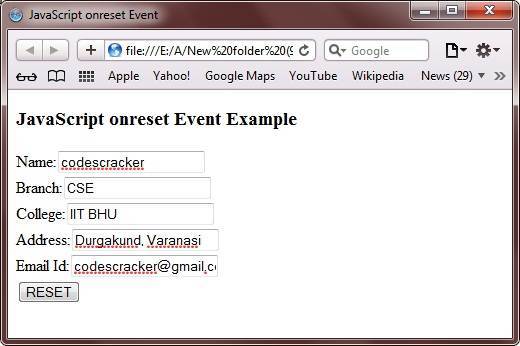 javascript onreset event example