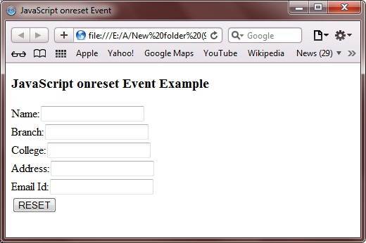 javascript onreset event