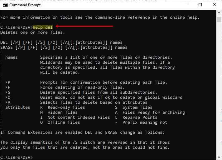 file delete operation del command