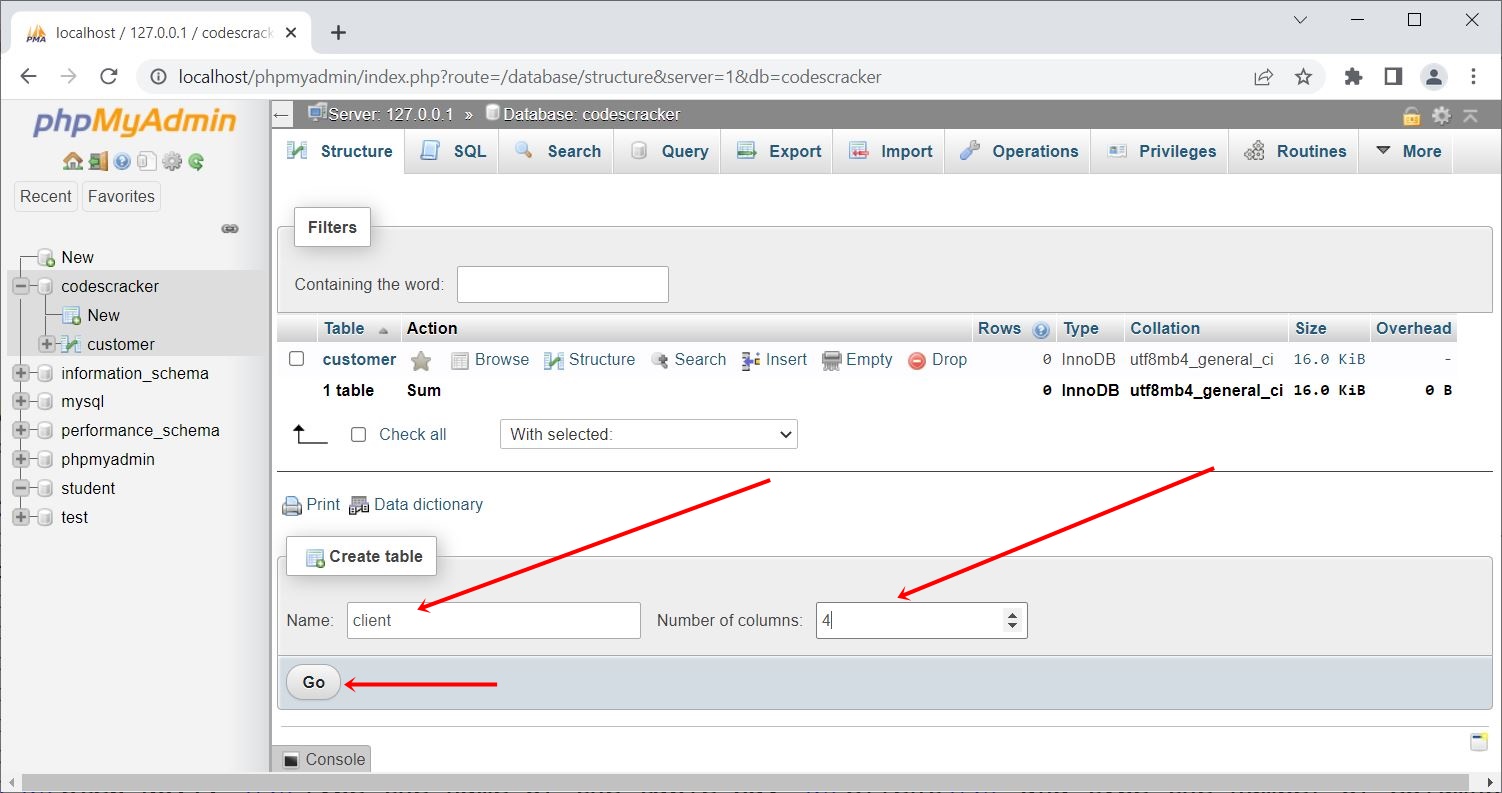 php mysql create table manually