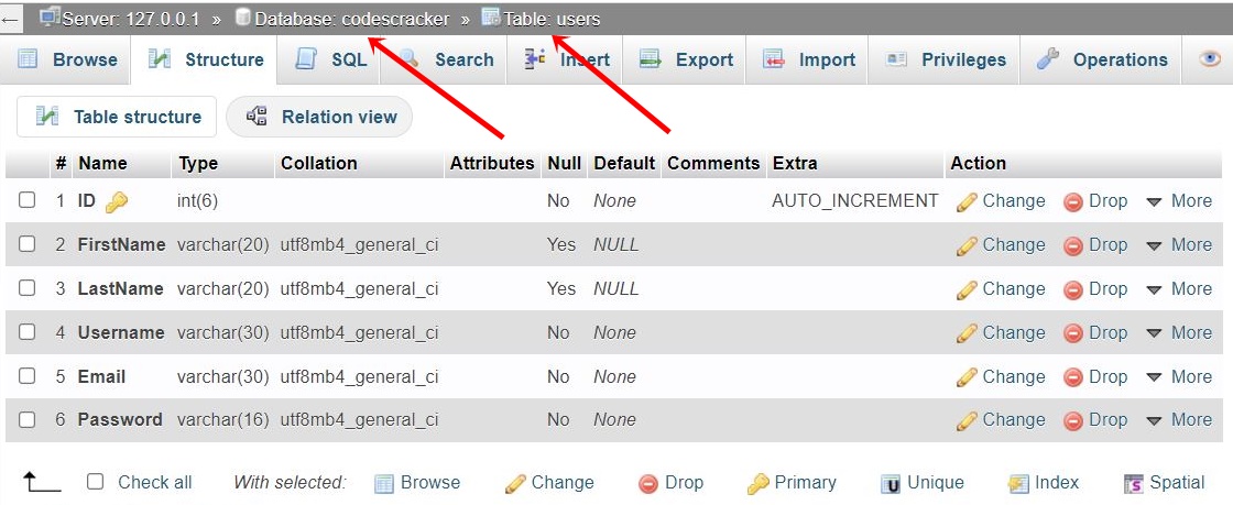 php mysql registration page table