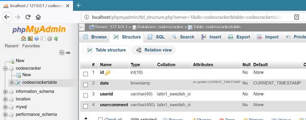 php mysqli table