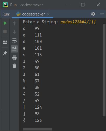 python display ascii values