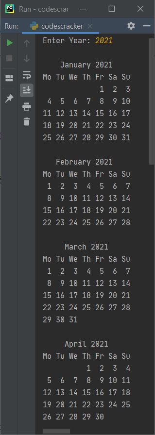 python display whole year calendar