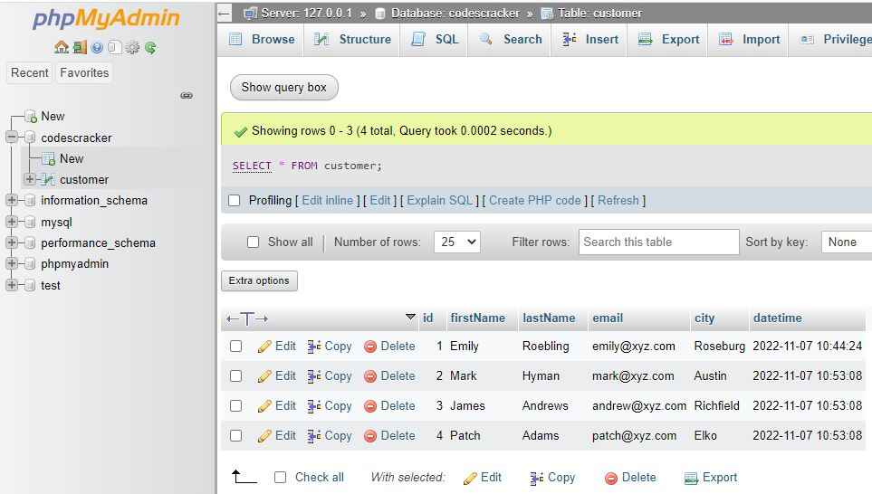 sql display data from table