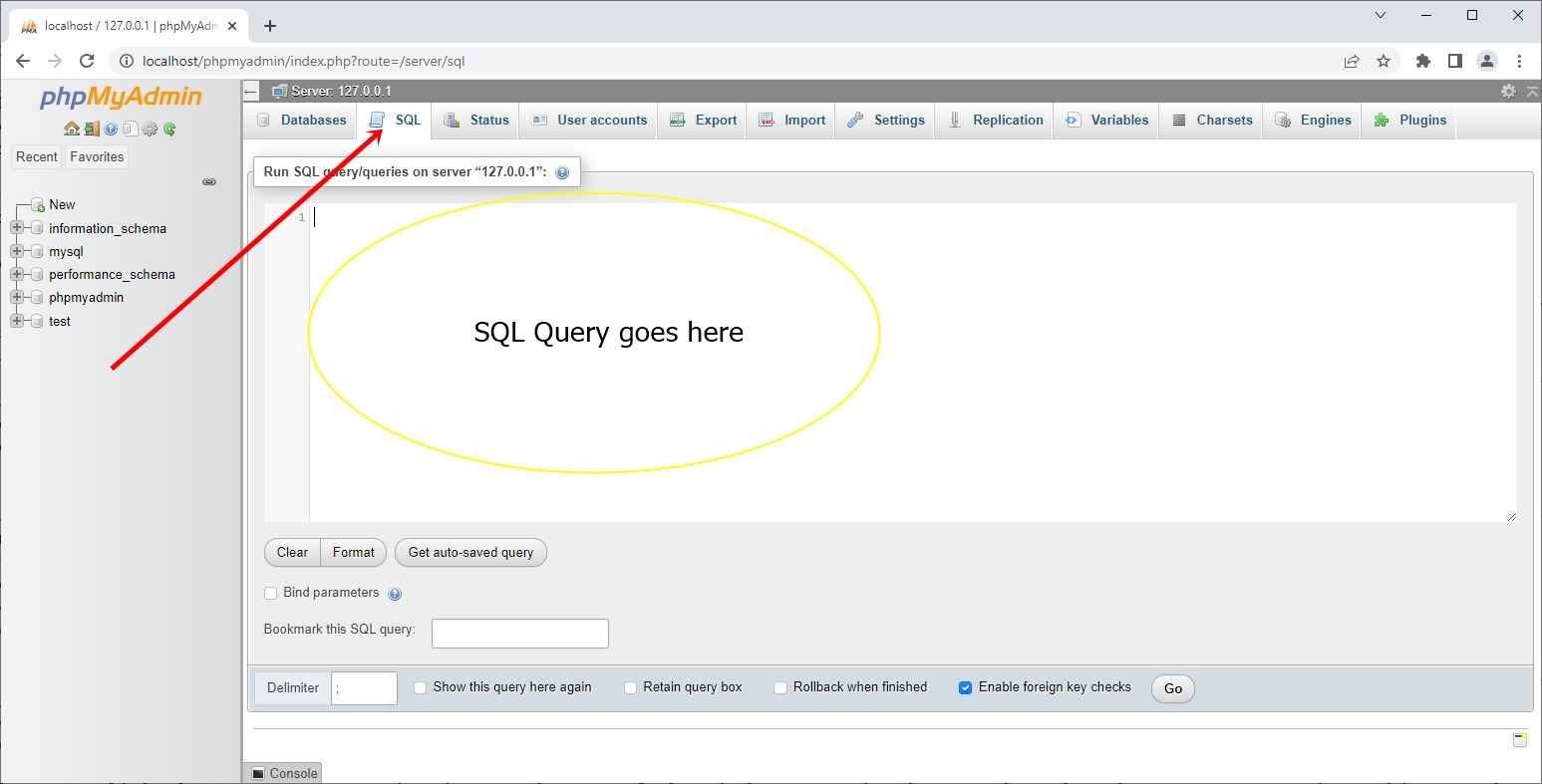 sql phpmyadmin sql section window