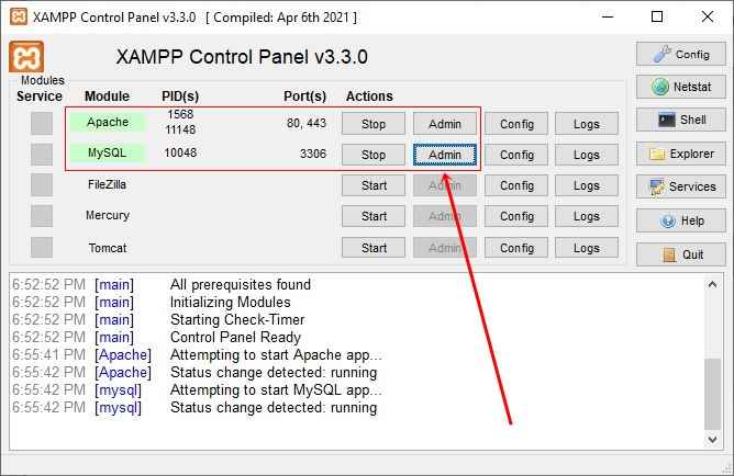 sql setup xampp window