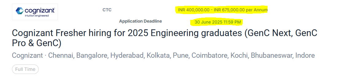 Cognizant Fresher hiring for 2025 Engineering graduates (GenC Next, GenC Pro & GenC) | 4
                                LPA-6.75 LPA
